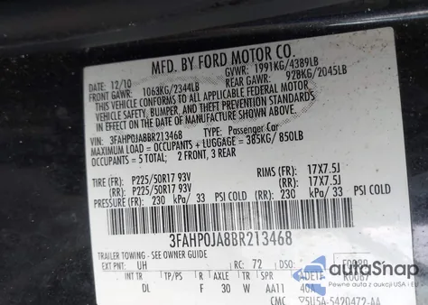2011 Ford Fusion Sel from USA, damaged, VIN 3FAHP0JA8BR213468